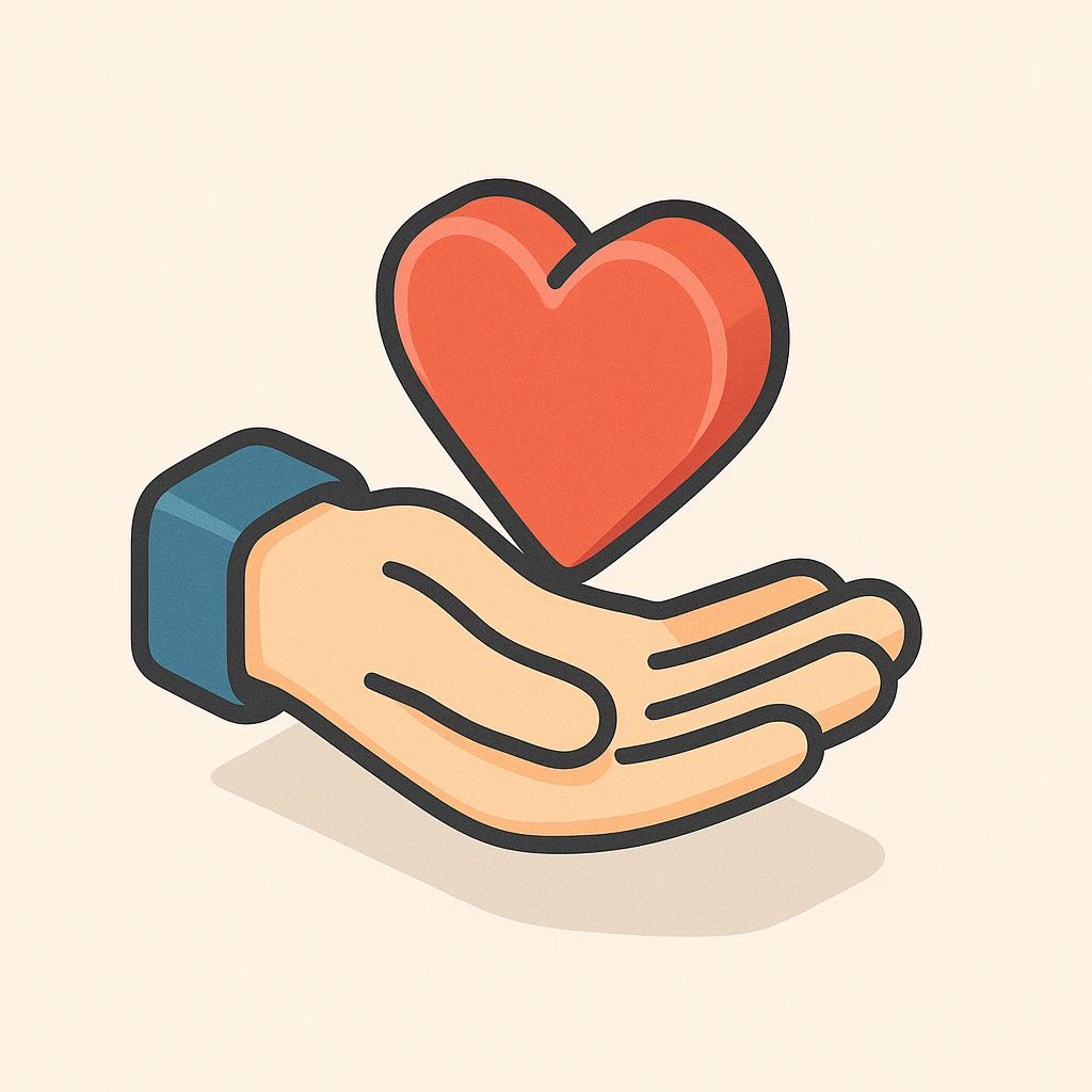 hand holding a heart, symbol of support and care, 2D isometric style, simple shape, clear shadows and highlights emoji