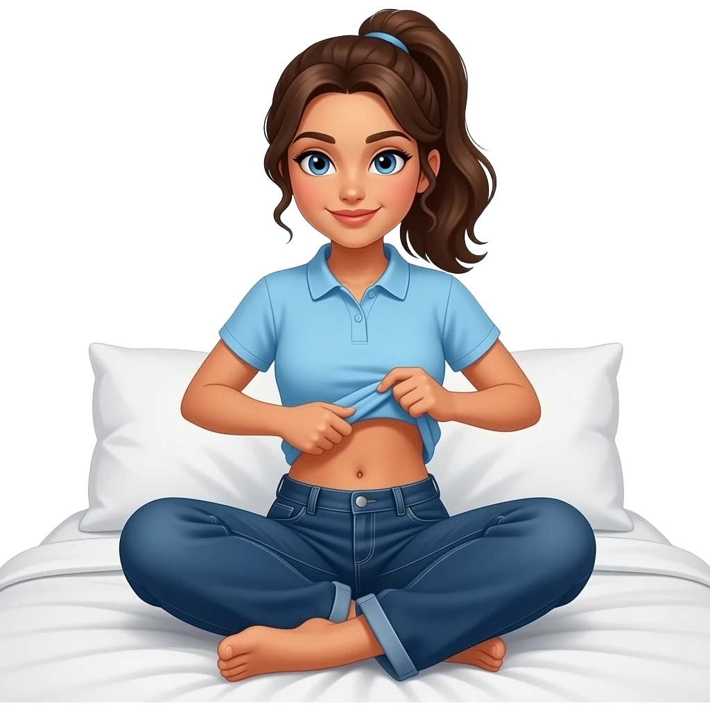 17 year old hispanic woman with brown ponytail and blue eyes light blue dark blue polo and dark blue baggy jeans and belly button lifting her shirt showing her feet sitting in bed emoji