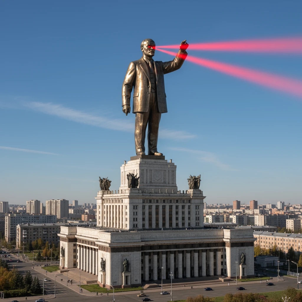 Дворец Советов, основной упор на 100-метровую фигуру Ленина, у которой из глаз вылетают 2 луча прожектора красного цвета.

На фоне можно поставить обычные пятиэтажки-панельки, которые в 20 раз меньше Дворца Советов

Стиль фото реализм, обычный солнечный день  emoji