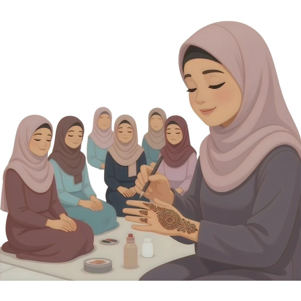 background room girl sitting and doing handcraf mehndi hijabis not too colorful many girls in a room with background emoji
