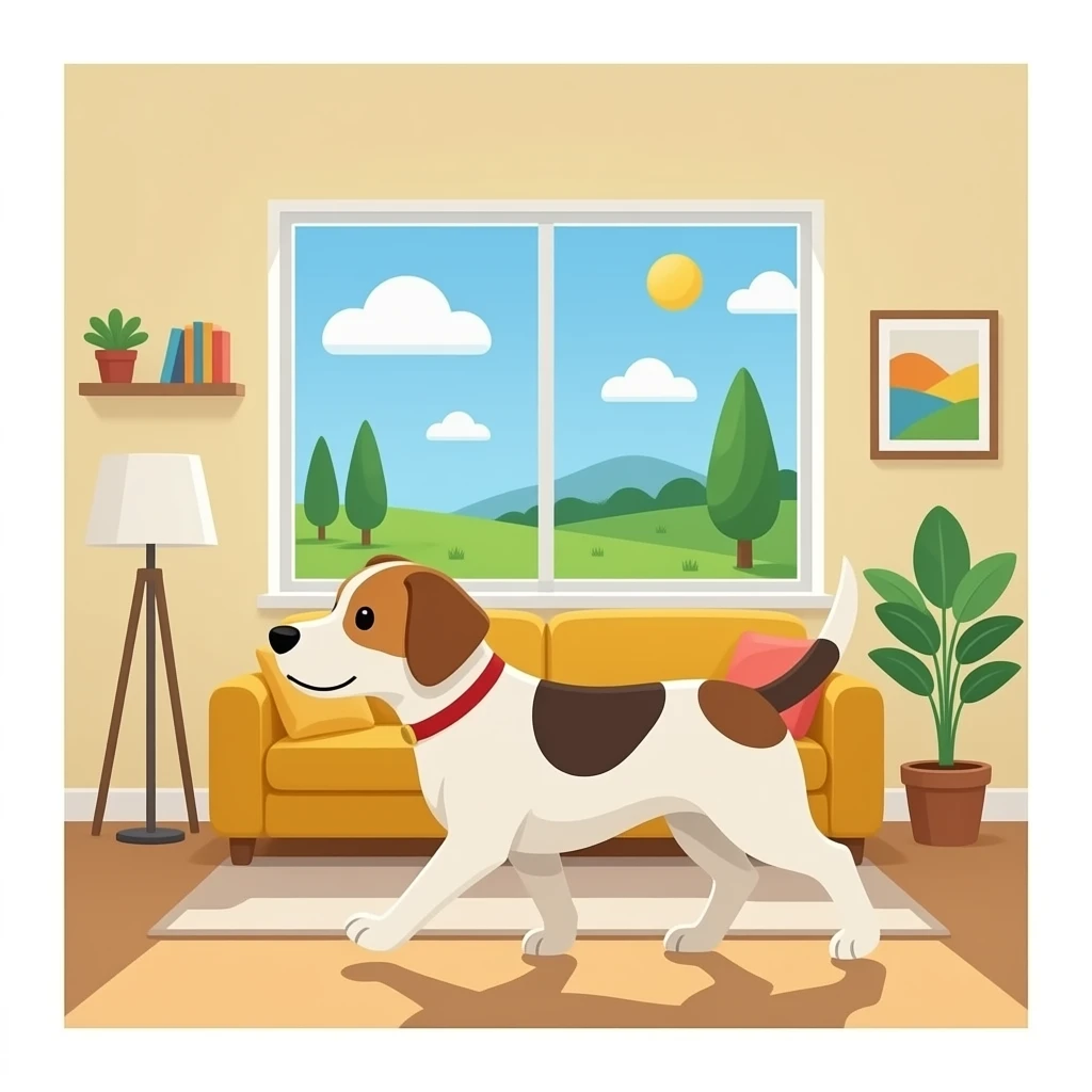 The dog walks into the bright living room emoji
