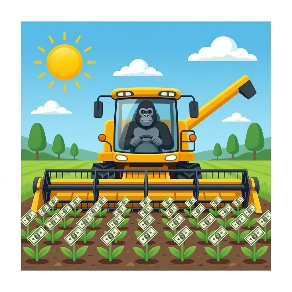 a gorilla driving a combine harvester over a field growing dollar bills ...