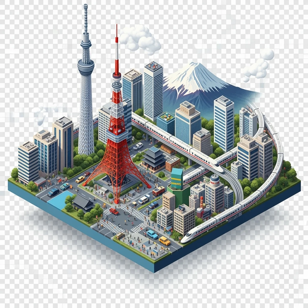 Isometric illustration of Tokyo, with Tokyo Tower, Skytree, Shibuya ...