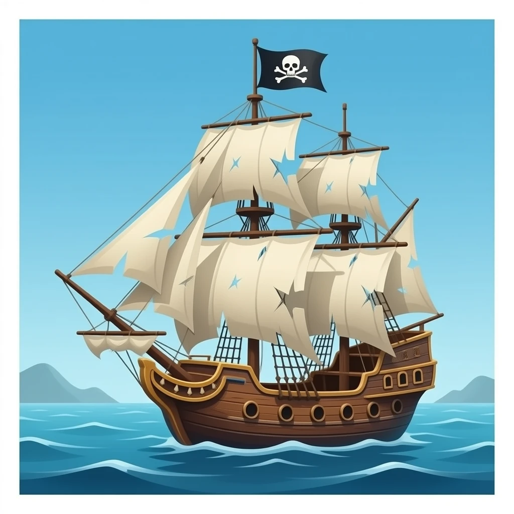 An old pirate ship with tattered sails, a black flag on top with skull and cross bones, Jolly Roger, Ghost ship, Hyper-real, cinematic lighting, emoji