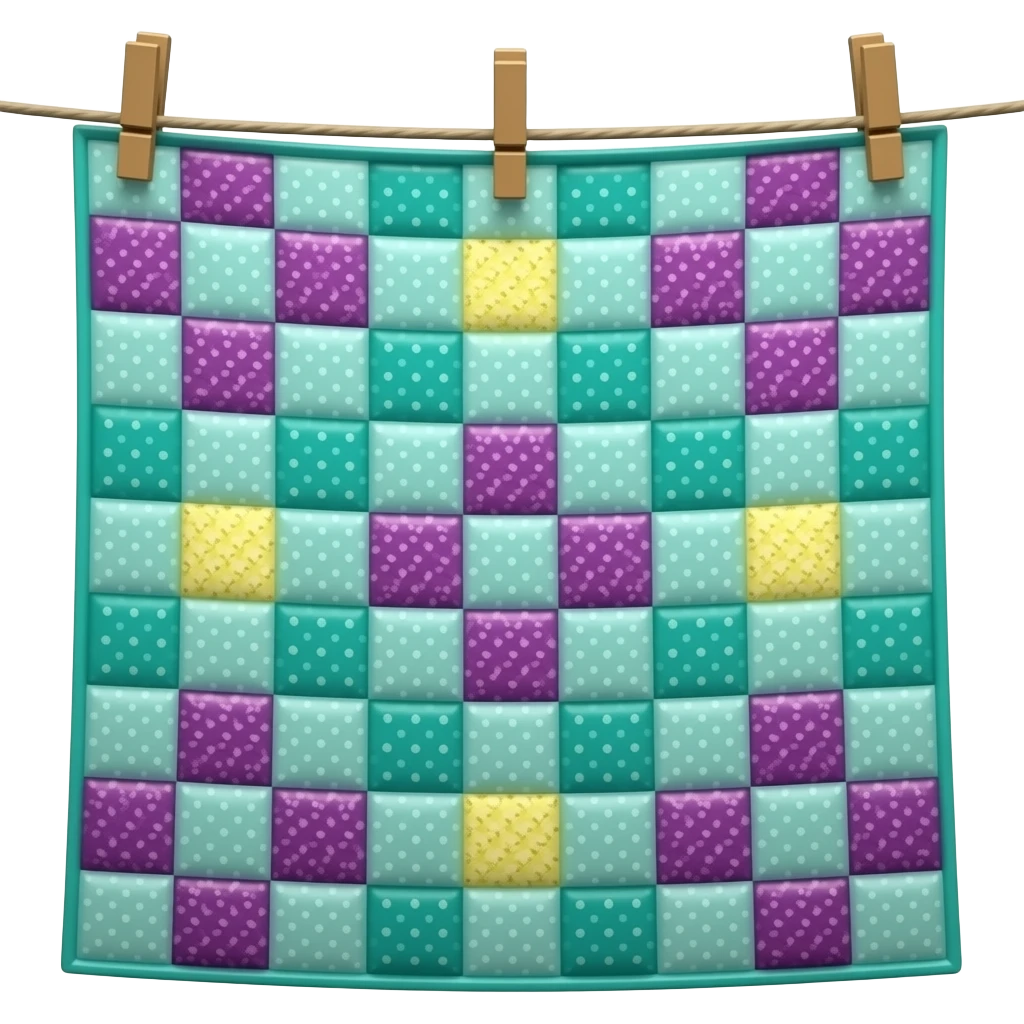 Mostly teal colour patch quilt with purples and yellows on clothes line emoji