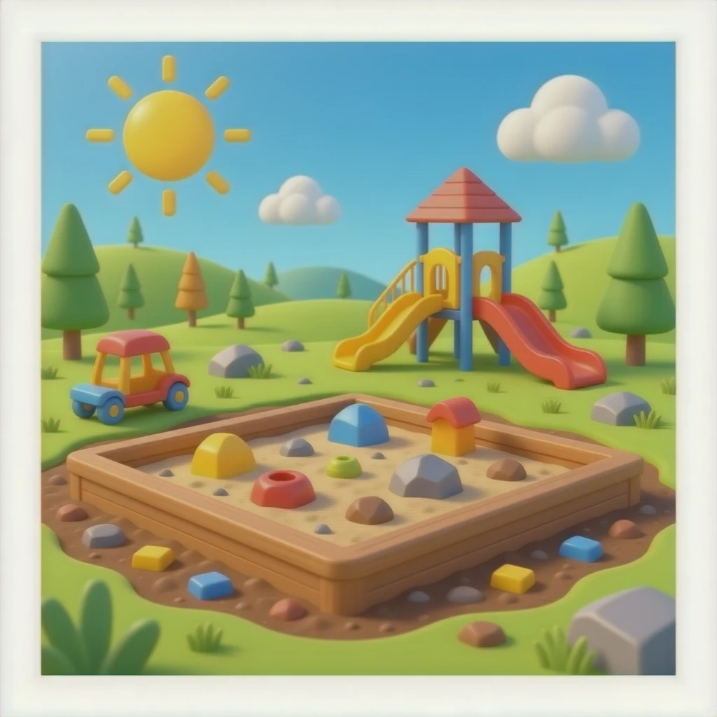 A 3D Pixar-style children's sandbox filled with rich brown earth, toy ...
