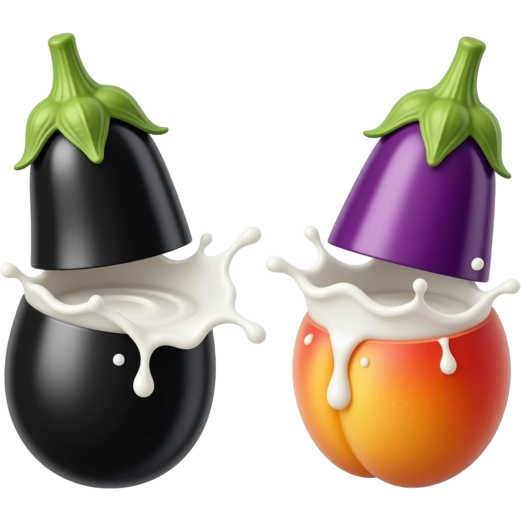 Two eggplants, one black and one purple, splash milk juicy peach emoji