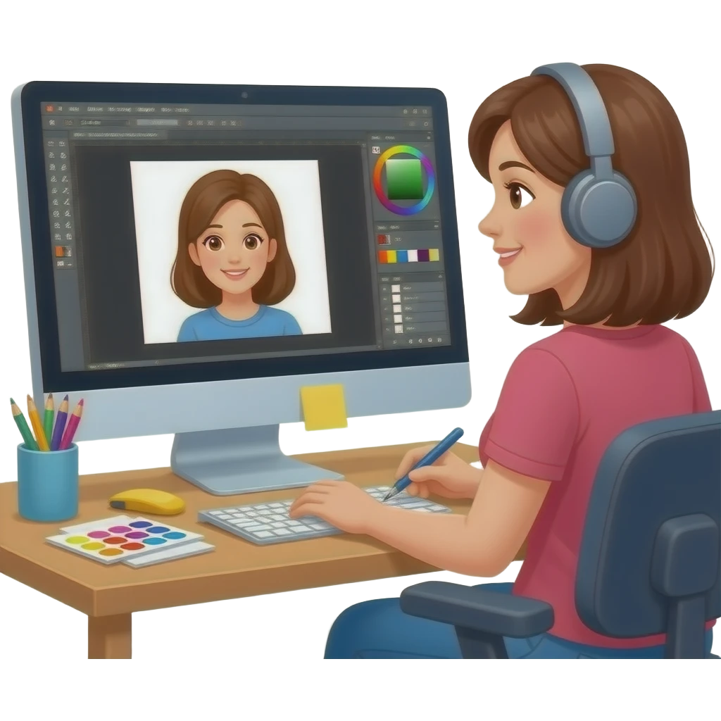woman working with graphics at computer emoji