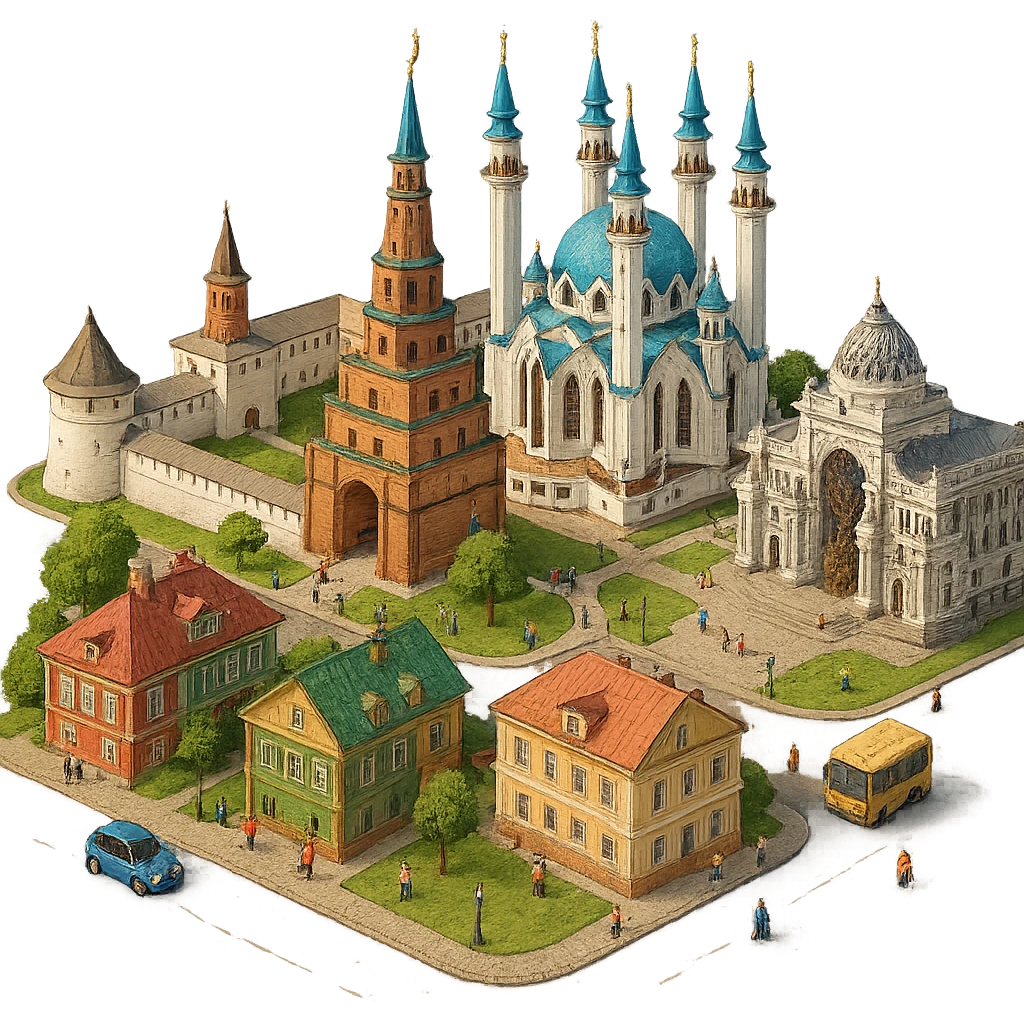 Изометричная миниатюрная фотореалистичная 3D модель Казани - Казанский Кремль, Кул-Шариф, Башня Сююмбике, Дворец земледельцев, казанские дома, автотранспорт четкие линии, яркие цвета, мультяшный реализм, люди, автотранспорт, компактная композиция, вид сверху в изометрии, прозрачный фон emoji