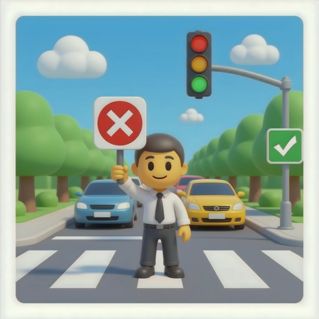 Simple 3D emoji scene demonstrating crosswalk safety rule, traffic  light red, cars stopped, pedestrian in middle of crossing with red  X (what NOT to do), safe waiting position shown with green checkmark,  before-after comparison, clean educational design, white background emoji