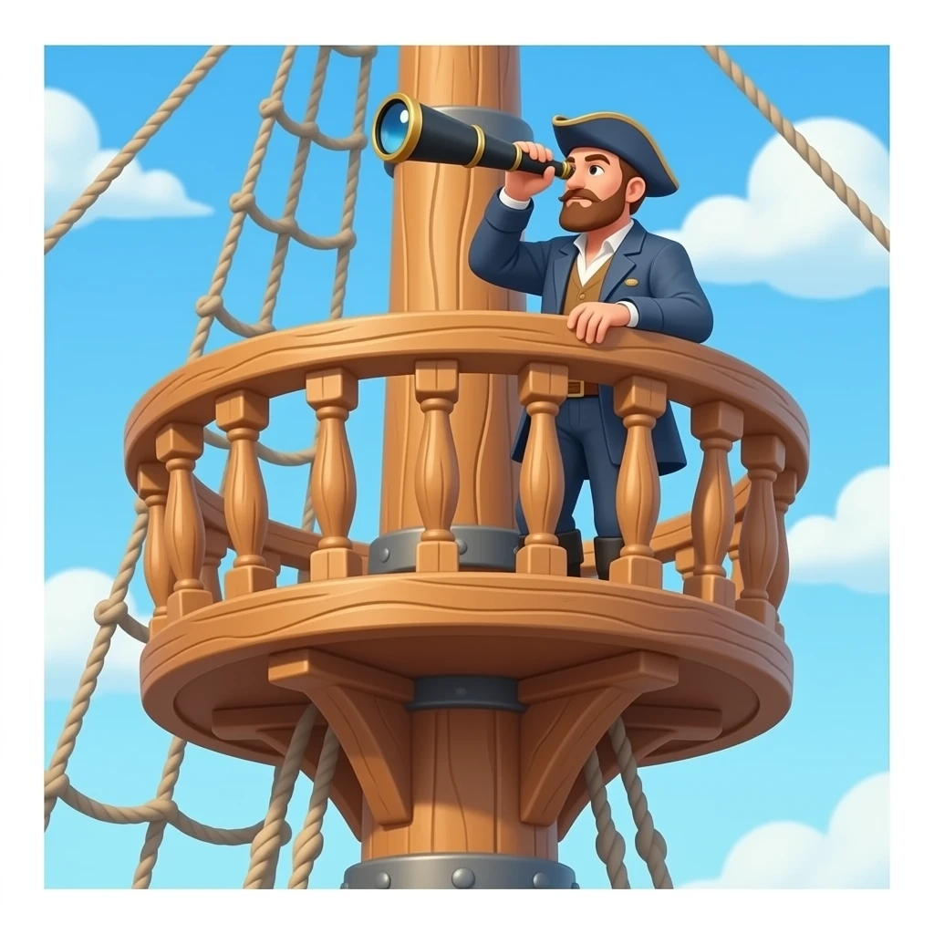 a crow's nest mantaining a lookout on a ship. make it more old fashioned, not high tech like this. don't want it to look like the space needle. and can we include a guy with a spyglass on it? emoji