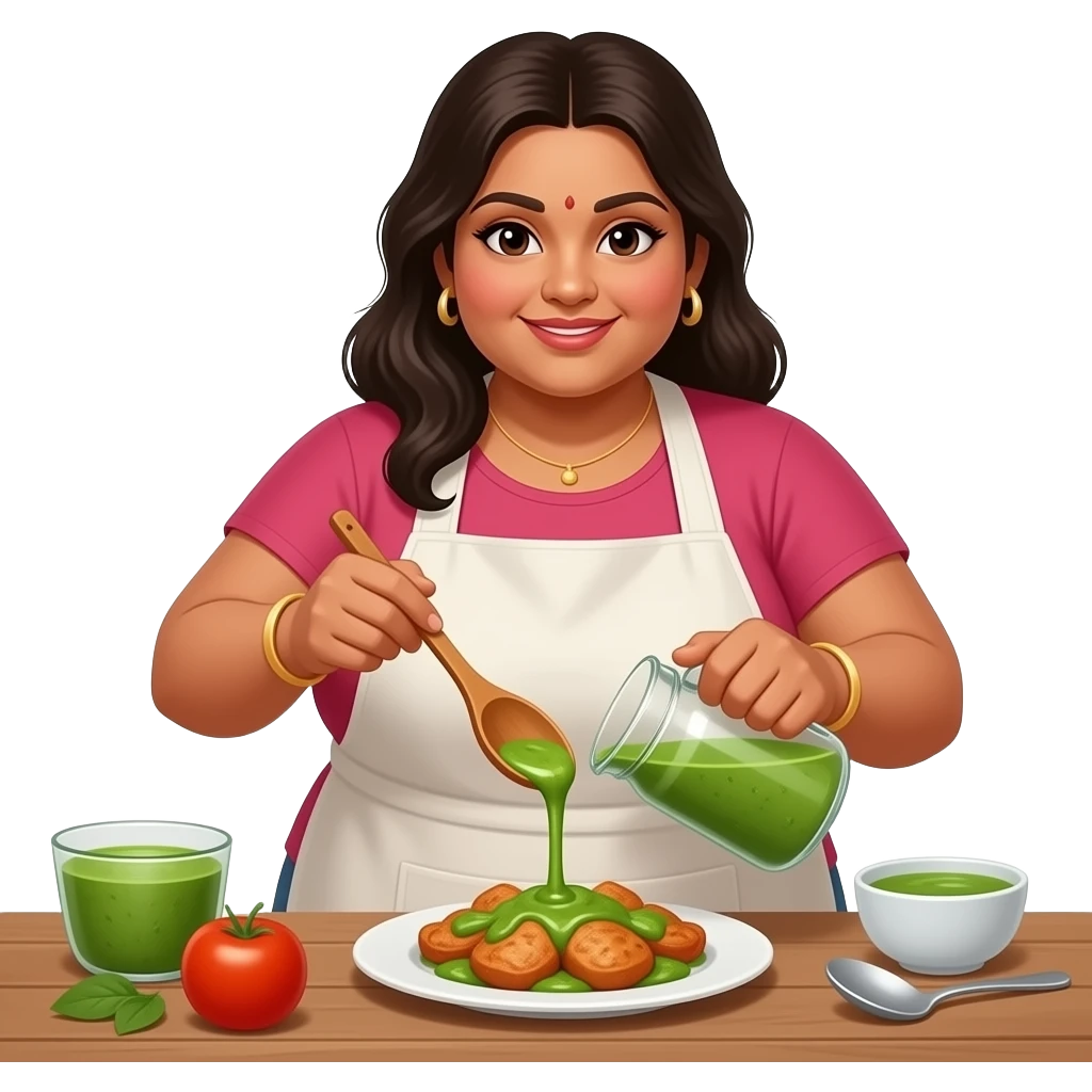 Fat indian lady serving green sauce emoji