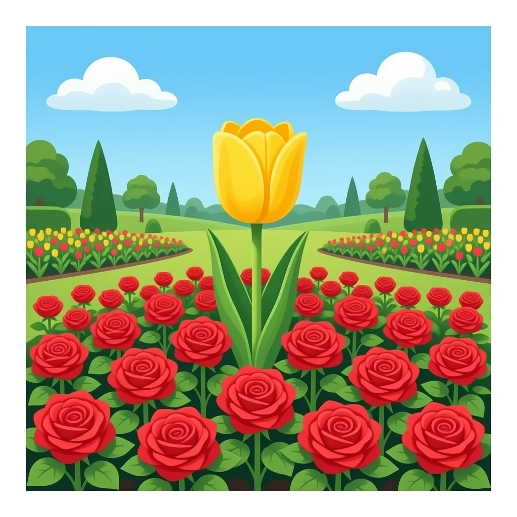 red rose garden  with a yellow tulip with a full stem in the red rose patch emoji