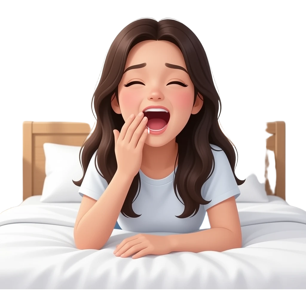 teen girl long hair in bed yawning emoji