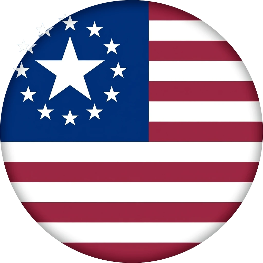 It features a blue canton in the top-left containing 13 white stars—one large central star surrounded by a circle of 12 smaller stars. The rest of the flag consists of 13 alternating horizontal stripes in white and a deep maroon color. emoji