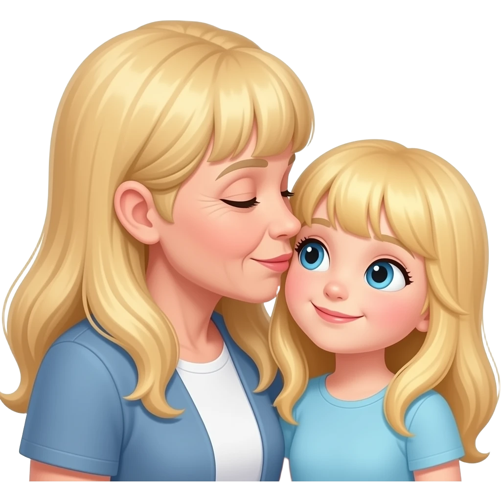 a little older grandmother has blonde long hair and bangs kissing a grandaughter both blonde with blue eyes emoji