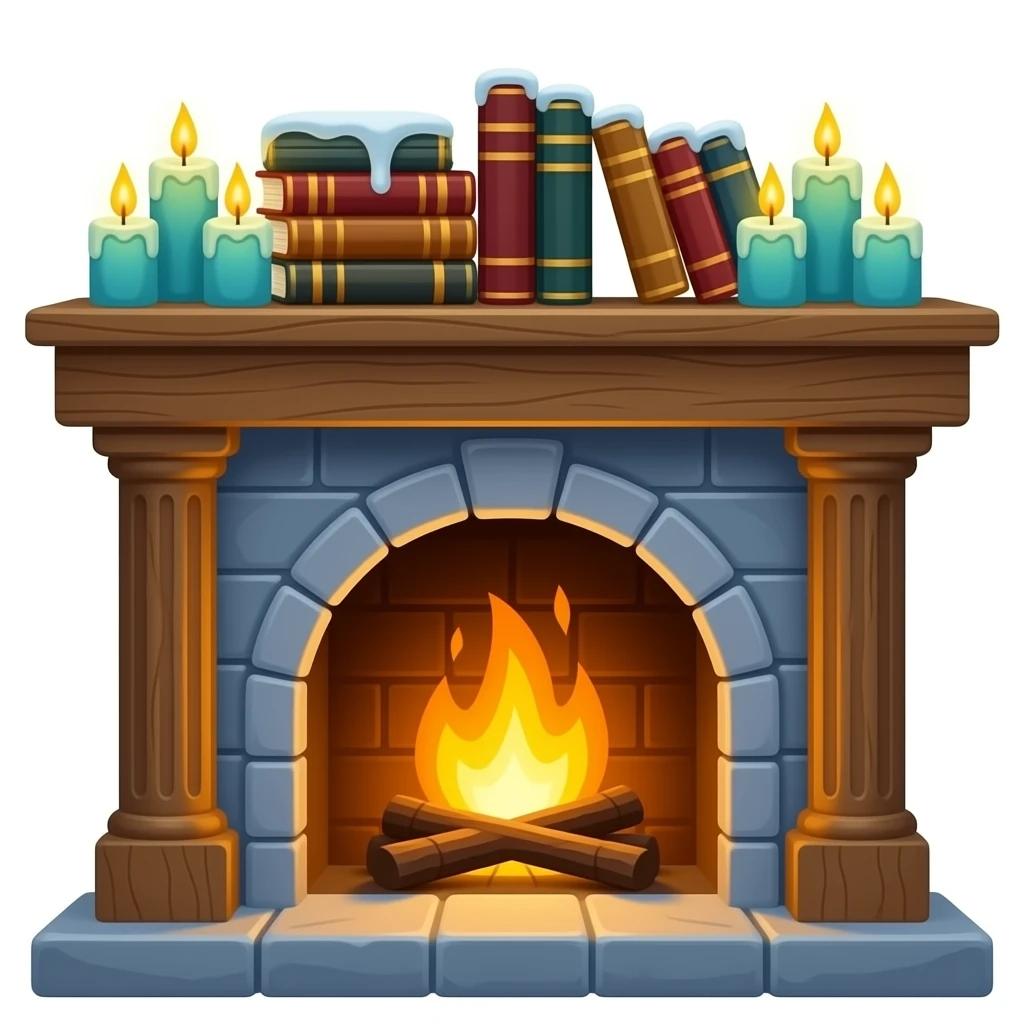 Fireplace with books and candles on the mantle emoji