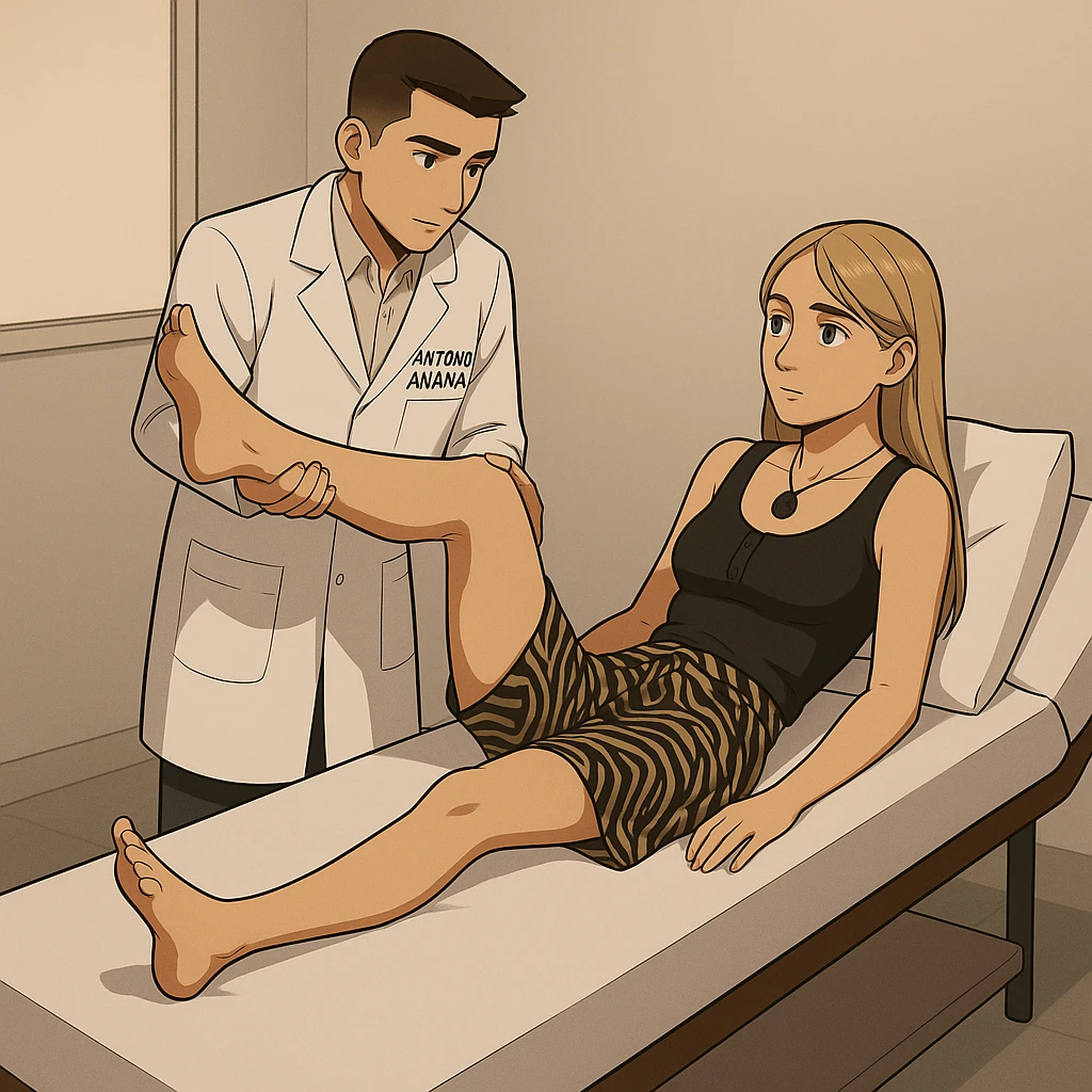 fai un webtoon/manga a colori con questo kinesiologo in camice bianco (fagli la scritta "ANTONIO ANANIA" SUL CAMICE) CHE SVOLGE UN TEST NEUROMUSCOLARE SOLLEVANDO UNA GAMBA ALLA RAGAZZA CHE è STESA SU UN LETTINO BIANCO. STANZA SEMPLICE E MODERNA, DURANTE IL TEST I DUE DIALOGANO TRA LORO. NON FARE I FUMETTI, FAI SOLO LORO COME SE DIALOGASSERO emoji