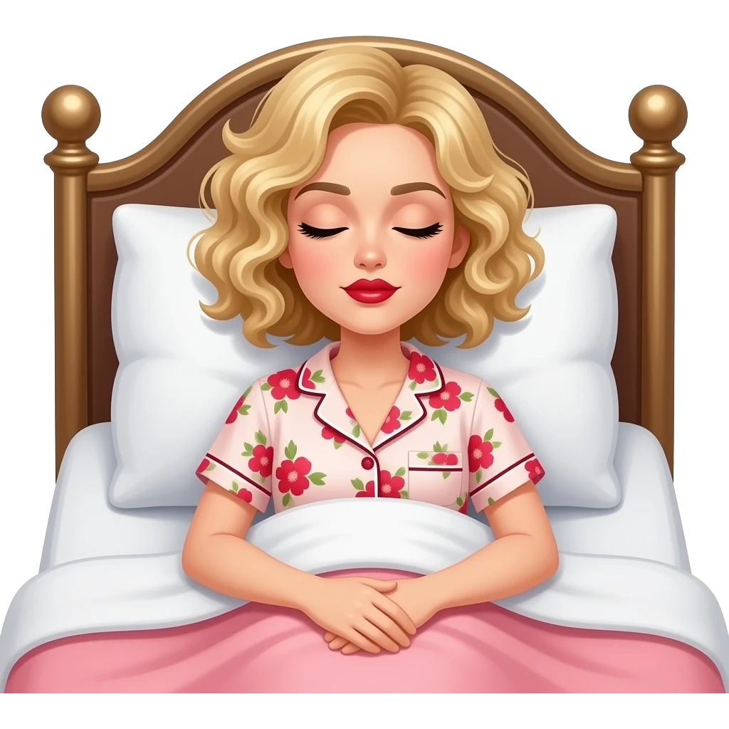 Short curly blond hair side swept red lipstick and peach and RED FLORAL SHORT SLEEVE PAJAMAS SET UNDER A PEACH DUVET SLEEPING ON THE SIDE, BLACK EYEBROWS ON A VITCTORIAN BED emoji