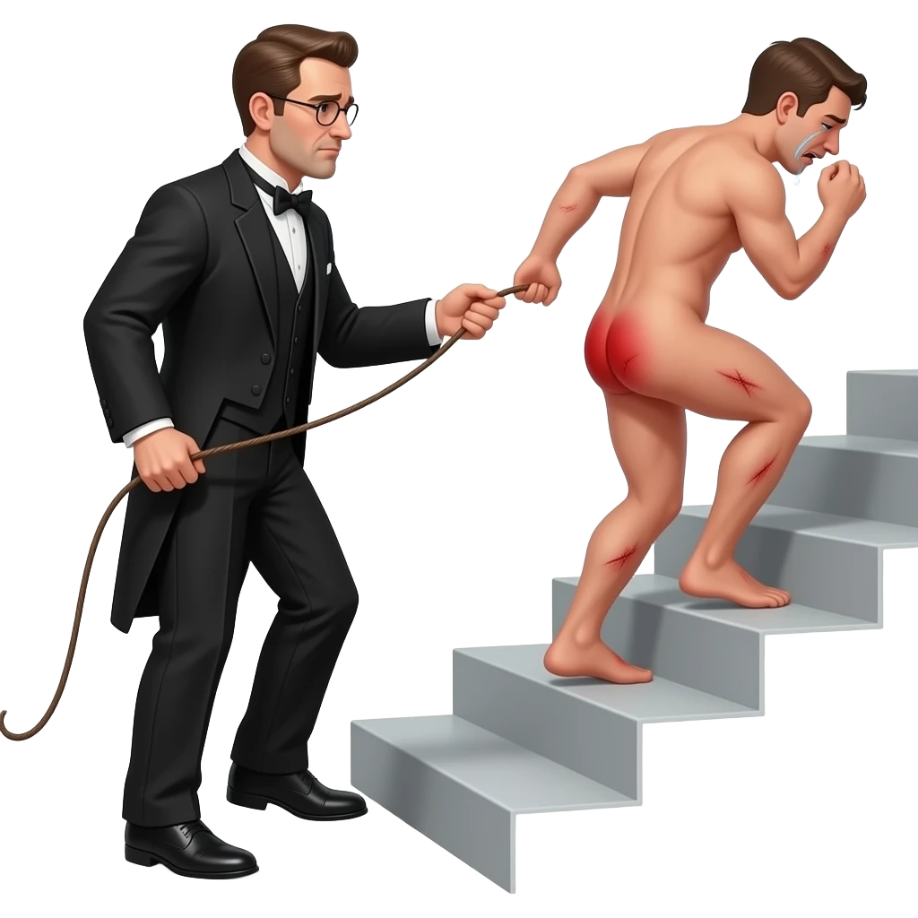 A stern clothed man with a thin whippy cane is leading by the ear and dragging behind him, a reluctant, crying, naked man up a flight of stairs, walking up towards the top,by the ear, his red buttocks are very bruised. The scene is violent.. emoji