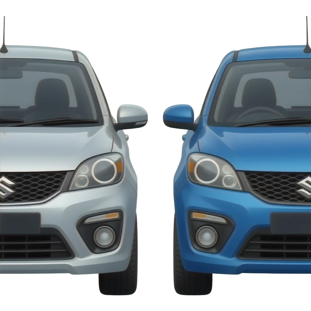 silver and black maruti suzuki victoris &  blue  and black maruti suzuki victoris  side by side (left and right looking at each other) note part around the windows are and top are black emoji