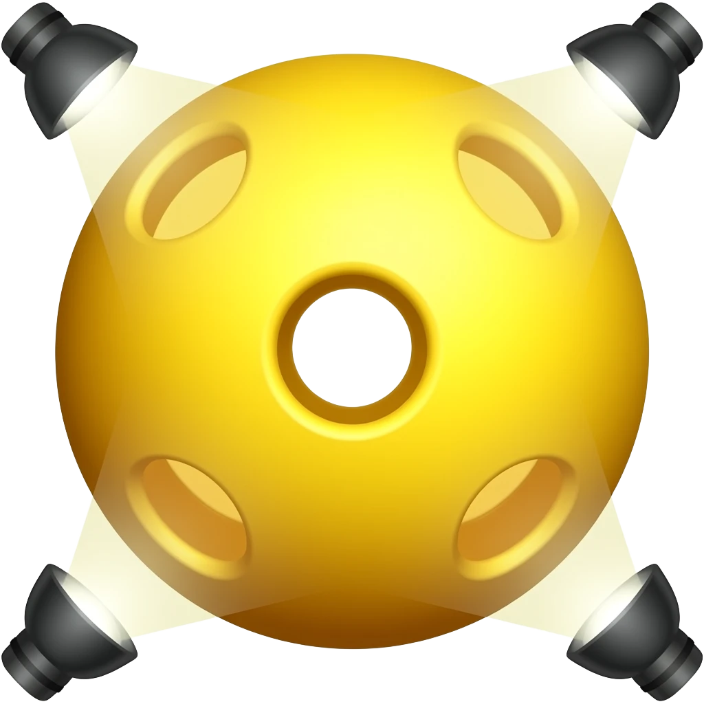 yellow pickleball with 33 holes, brightly lighted from 4 lights around the camera and rotated to perfectly center its hole into the camera emoji