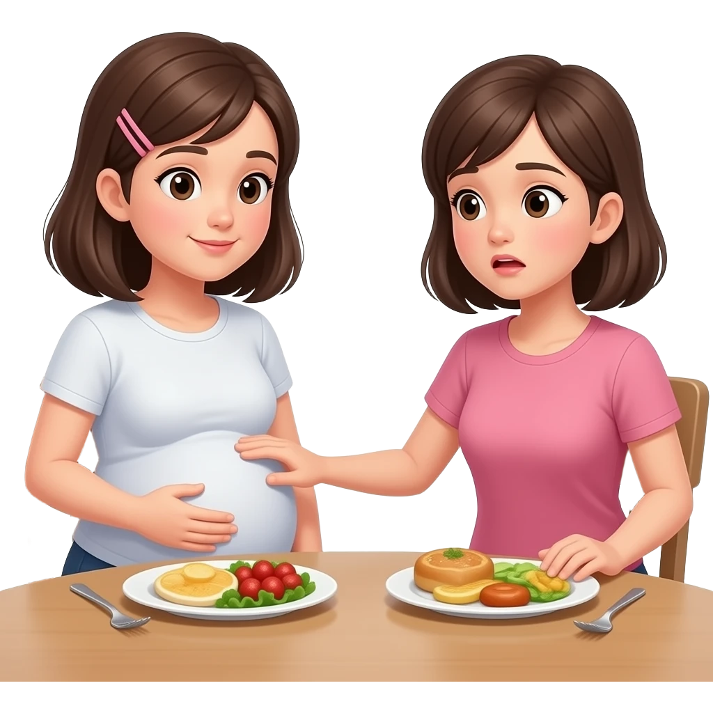 A meeting with to girls,After a great long lunch,one girl is full & fat,her big belly is getting noticed,so other girl was impressed and eagerly touching the one overfed girl’s bloated belly, emoji