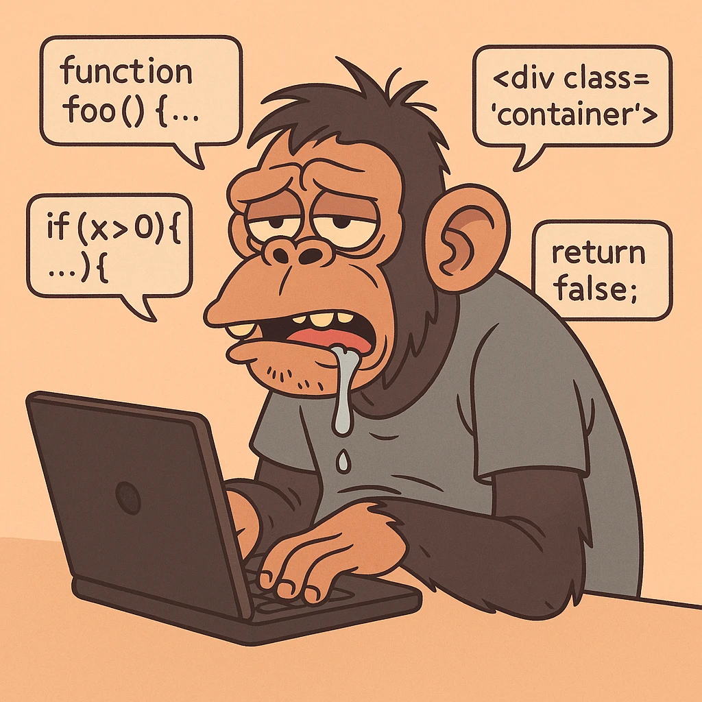 ugly coding ape, slouched posture, drooling, surrounded by code snippets, goofy expression, cartoonish emoji
