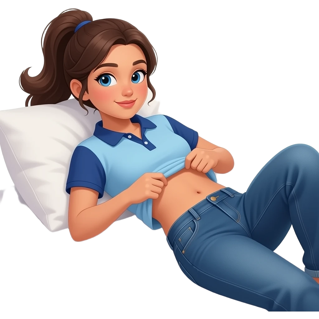 Hispanic girl with brown ponytail and blue eyes light blue and dark blue polo and dark blue baggy jeans and belly button laying down on her pillow on her bed lifting her shirt belly rolling emoji