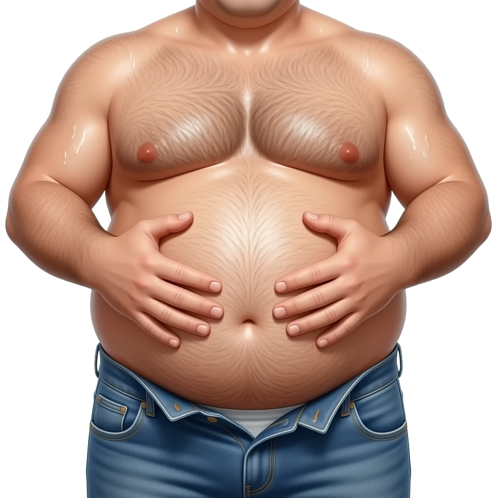 Nahaufnahme eines fetten behaarten Mannes der nur eine offene Jeans trägt. Seine Haut ist ölig glänzen und er hält mit beiden Händen sein dicken runden Bauch fest emoji