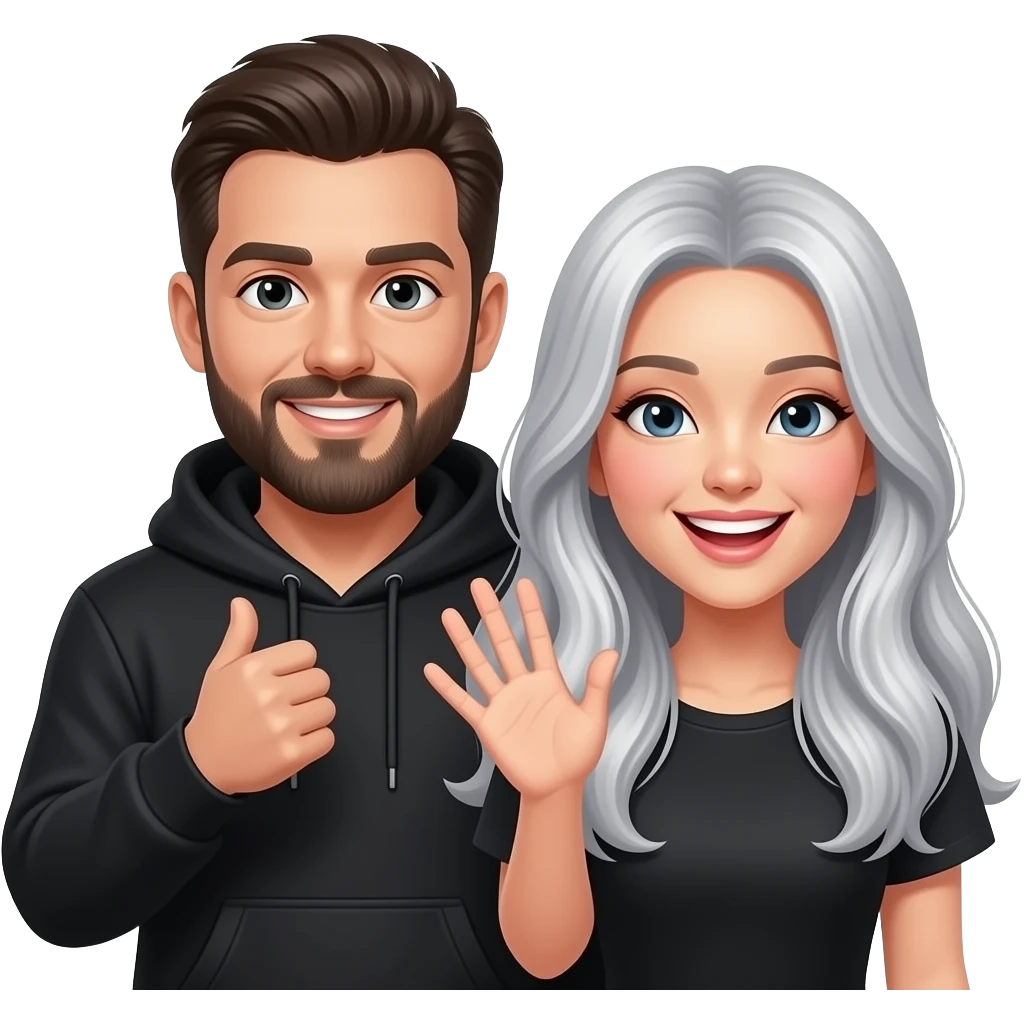 A bearded celebrity man in a black hoodie and Asian celebrity woman with long silver hair looking happy and waving emoji