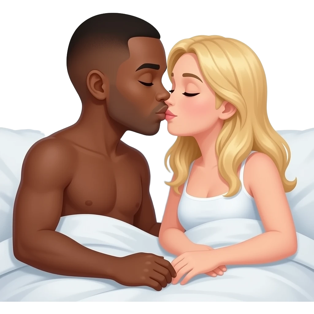 Black man with shaved head kissing in bed with blonde woman emoji