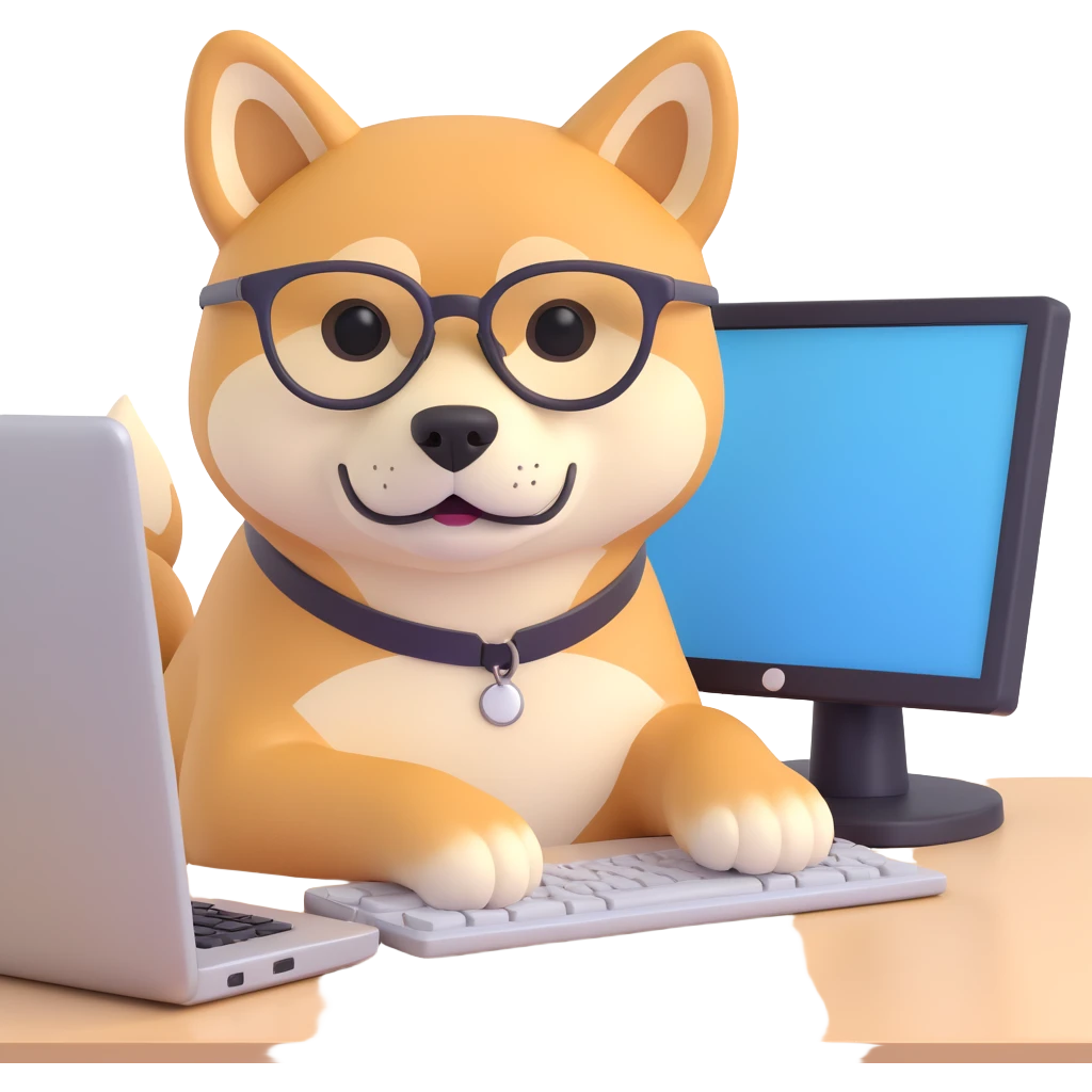 shiba inu with eye glasses and computer emoji