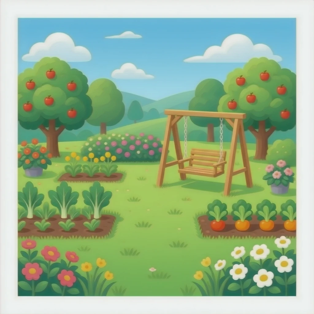 a nice clean neat garden with flowers, a lawn with a comfortable swing, vegetables growing, apples trees in the background emoji