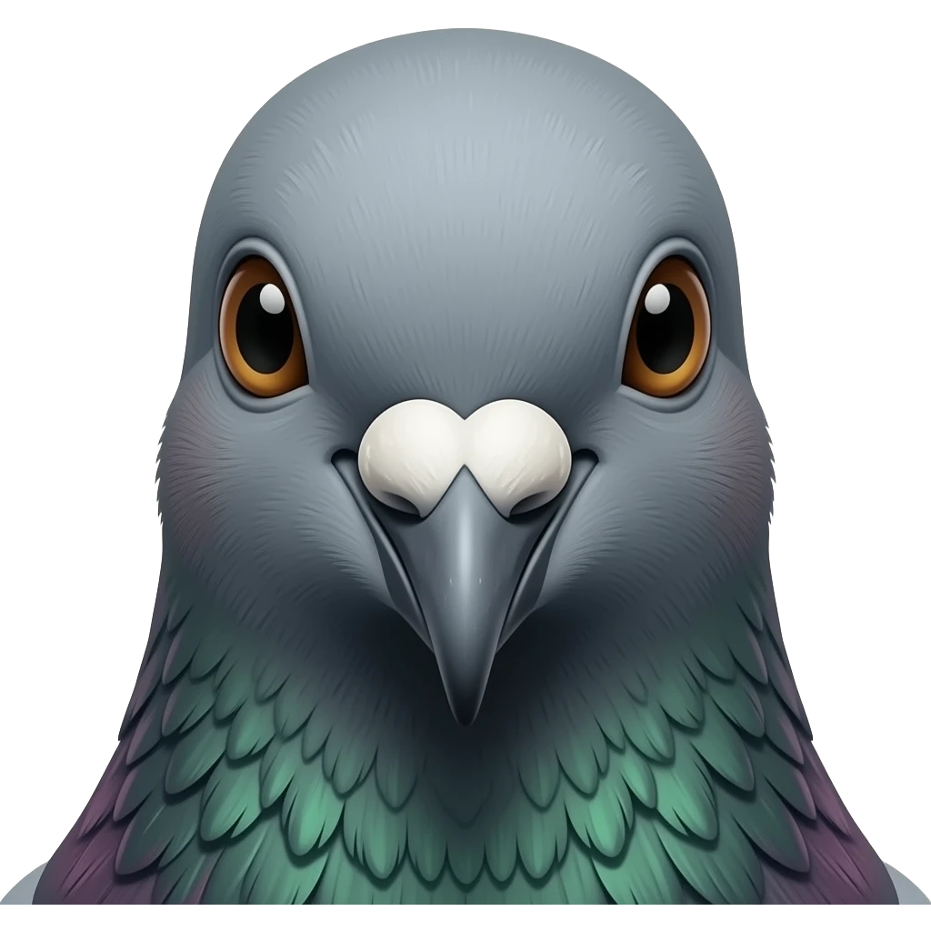 Pigeon face head-on, filling the frame — two huge deadpan eyes, beak, that faintly unwell stare. No body. Just the eyes — extreme crop, two pigeon eyes and a sliver. Pigeon in profile mid-honk, beak open, one feather sticking up. emoji