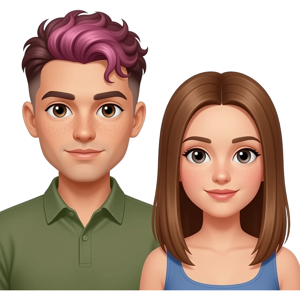 three people: short nonbinary person with short pink hair, brown eyebrows, and a brown undercut with pale skin, gray eyes and freckles, a tall olive-skinned man with dark brown eyes + very short curly hair, and a medium height woman with light tan skin, light brown straight long hair, and brown eyes emoji