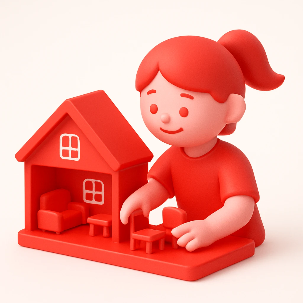 smiling girl arranging furniture in doll house emoji