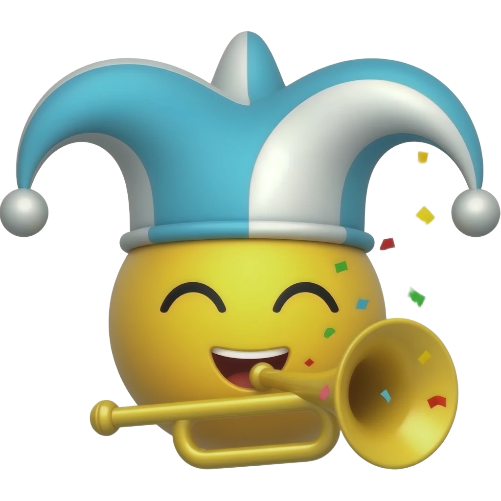 The classic yellow “party face” emoji blowing a party horn, with closed happy eyes and confetti floating around it, identical to the original emoji style and expression. Replace the regular party hat with a jester hat in Argentina flag colors (light blue and white) emoji