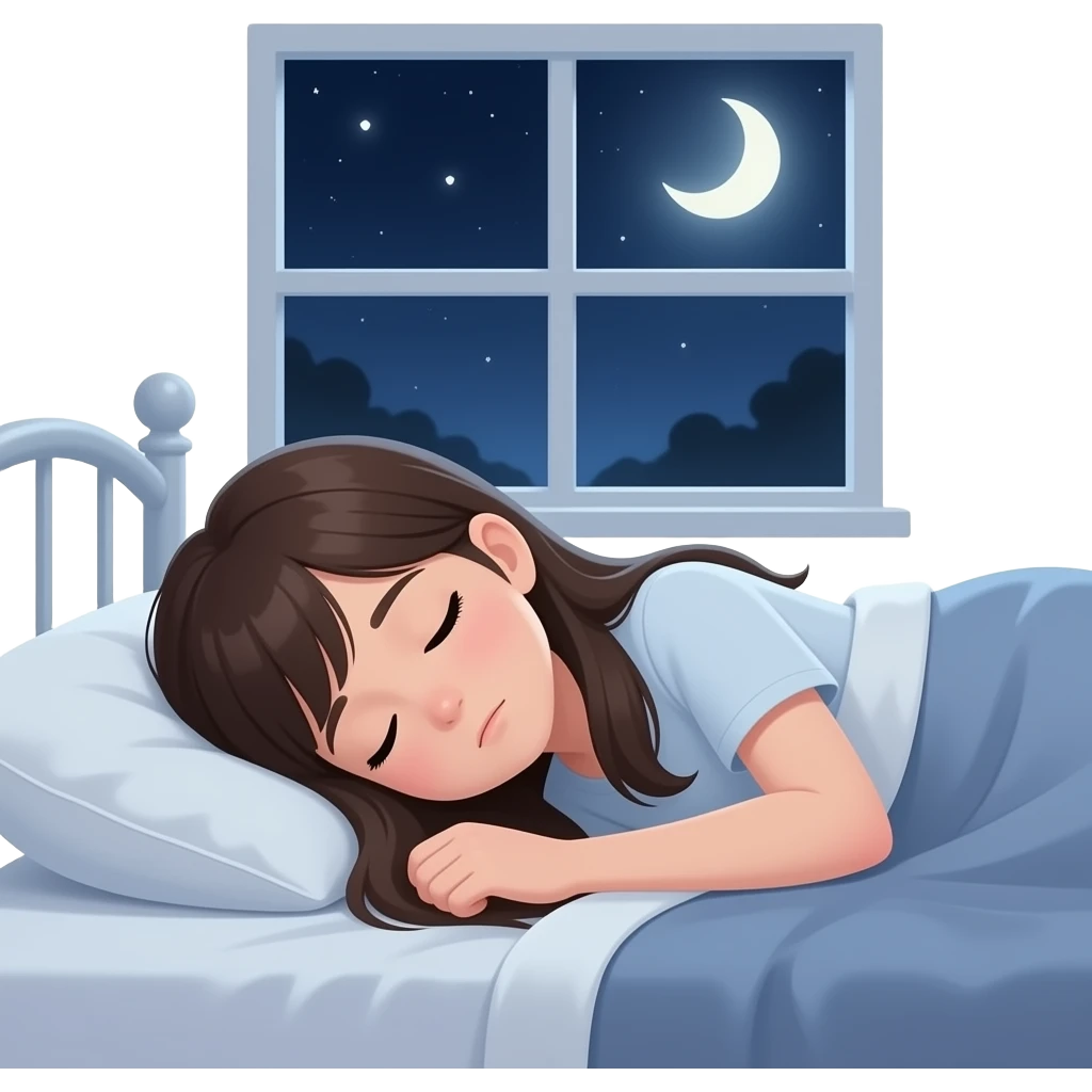 teen girl long hair, laying on bed, sleepy but awake, background visble window visible, it is nighttime emoji