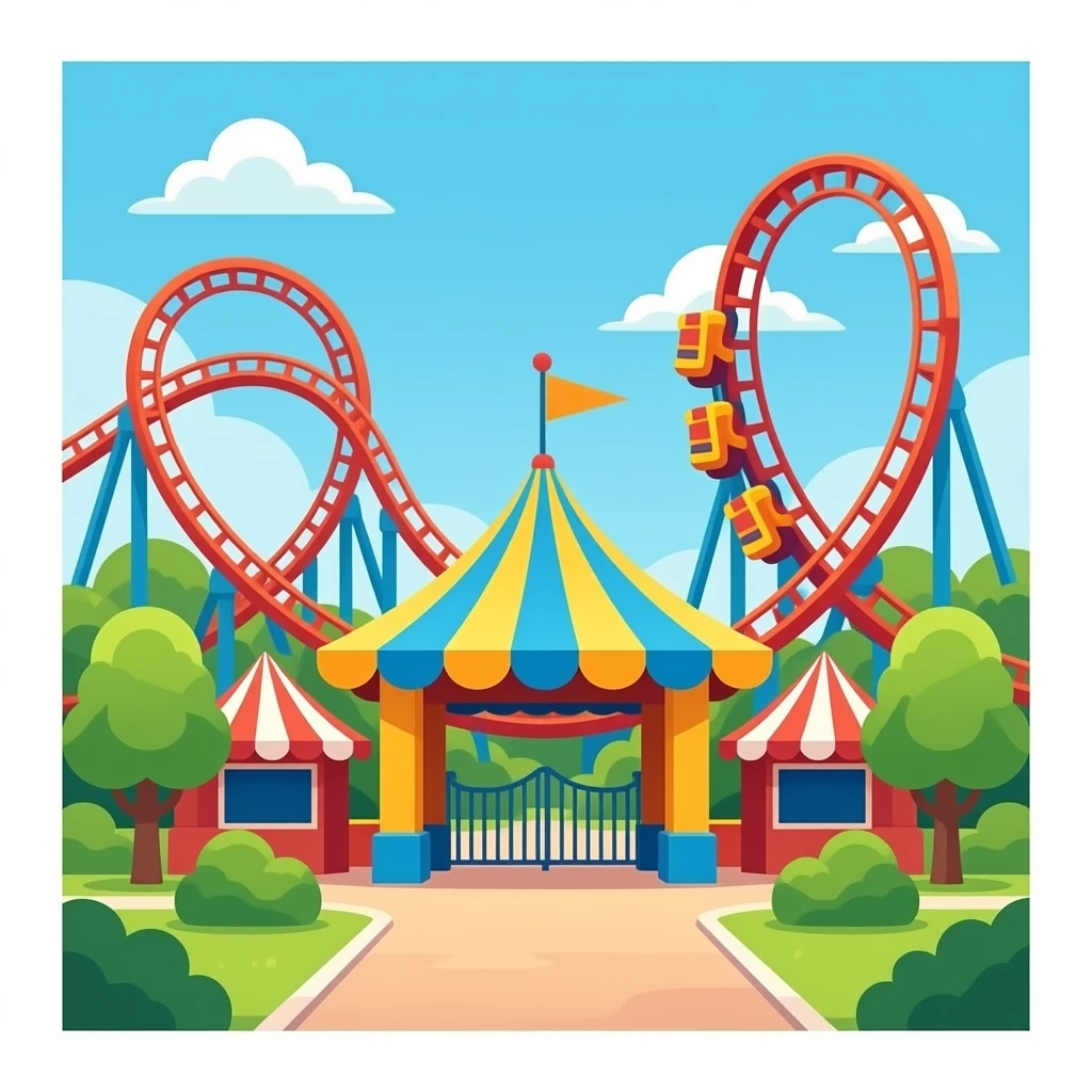 iOS app icon style, a theme park entrance with roller coasters in background, flat design, vibrant colors, rounded corners emoji