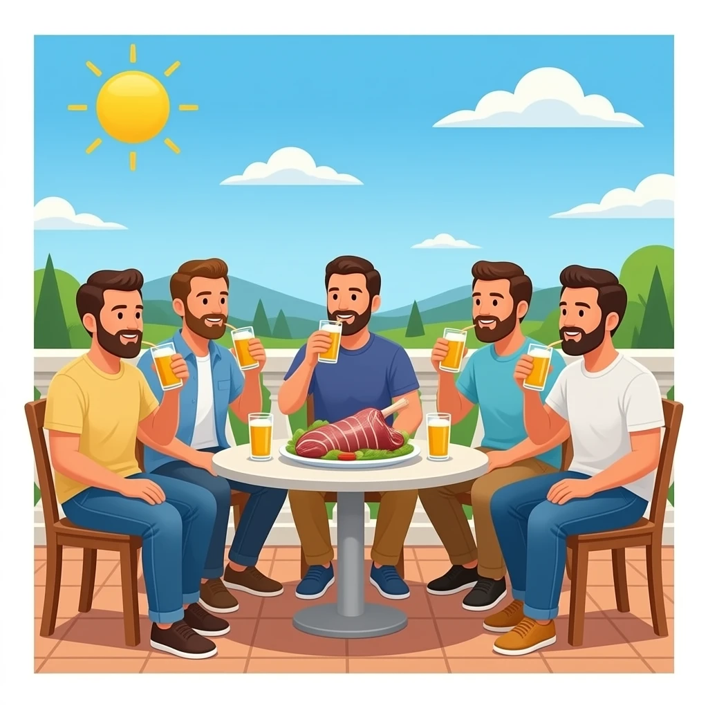 Create 6 people sitting on terrace with hard drinks and mutton. All of them should be guys. emoji