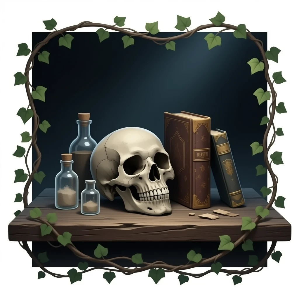 realistic cinematic - Joel Peter Witkin style - still life arranged on a wooden board, includes a corpse's head, tiny dusty bottles, old battered books, some wrapped ivy emoji