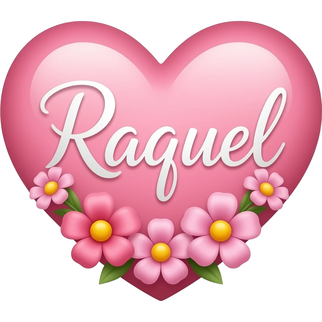 Coração cor pink com flores no meio o nome Raquel letra linda emoji
