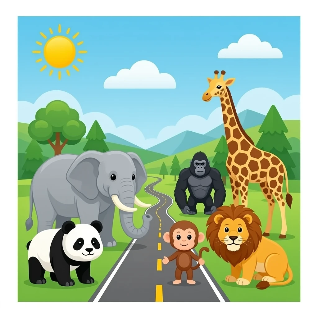 Zoo with 🐘🦁🐼🦍🐒🦒🛣️in Google Noto Color Emoji emoji