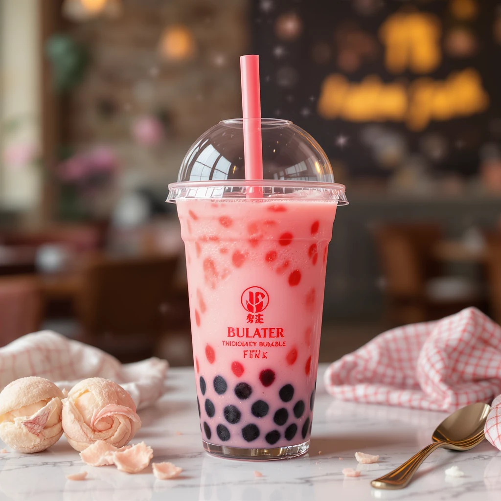 photorealistic elegant pink bubble tea with a cute straw, no background emoji