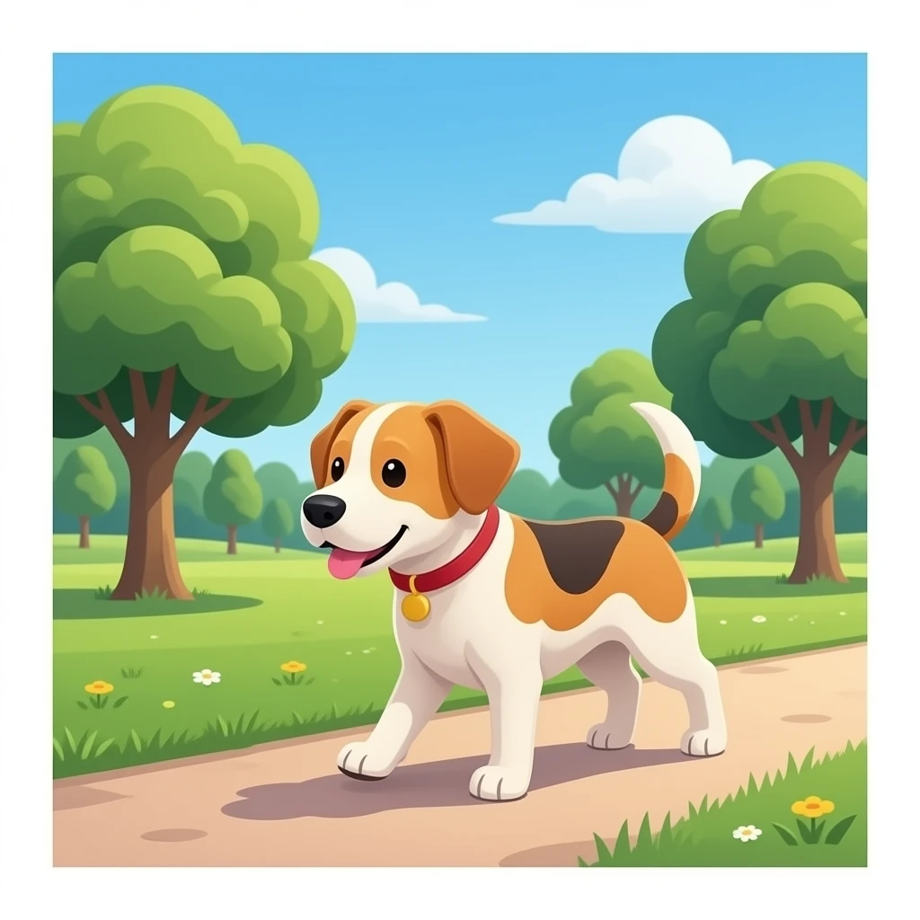The dog walks along the park path. emoji