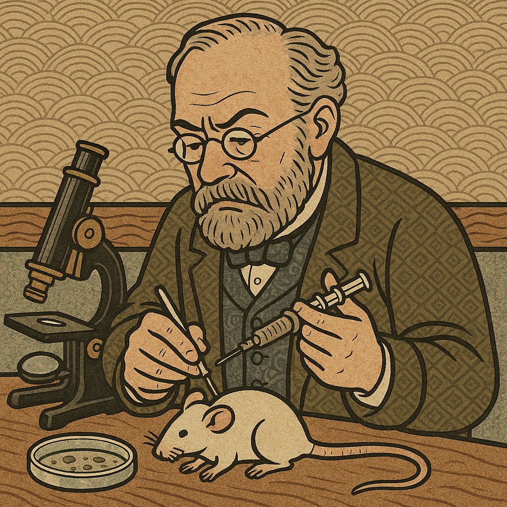 a victorian scientist who looks like Robert Koch with a microscope, a petri dish. The scientist is injecting a lab rat in his lab emoji