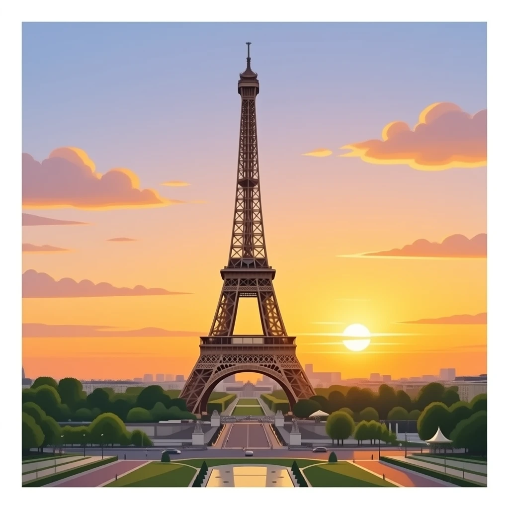 Torre eiffel atardecer con 3/4 de vista y detallado emoji