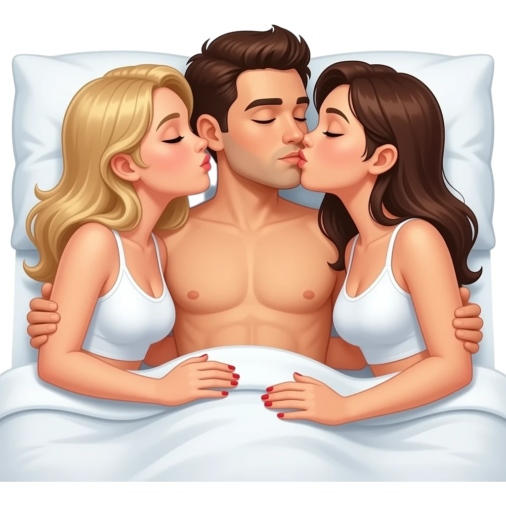 Three cuckold couples having sex in bed kissing each other emoji