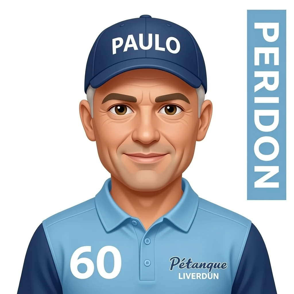 homme 60 ans rasé totalement sous casquette "PAULO" maillot col 3 boutons bleu clair épaules bleu clair manches bleu foncé "Pétanque LIVERDUN" côté droit, PERIDON Paysage côté droit emoji